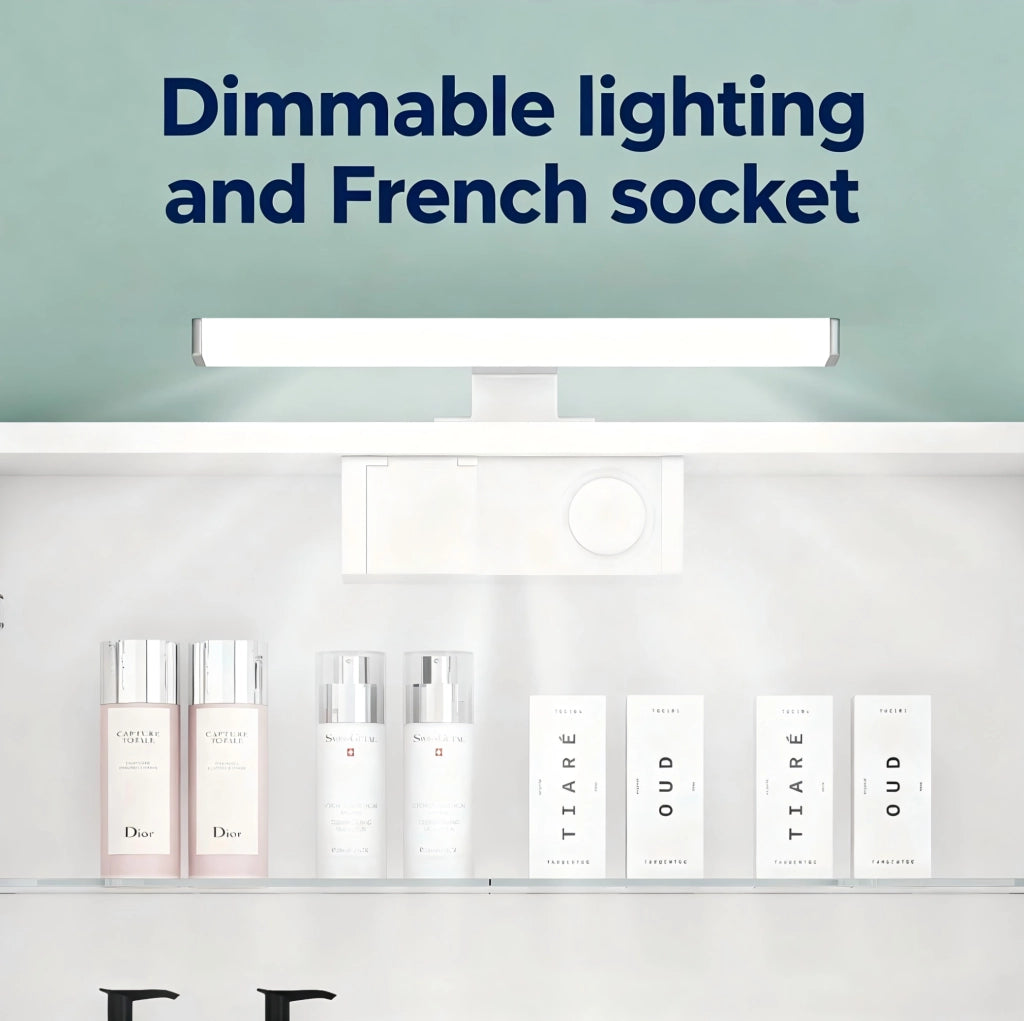 Mobiletto bagno a specchio bianco 80 cm con 2 ante, illuminazione LED e presa francese, mensole in vetro regolabili, cerniere ammortizzate, montaggio a parete