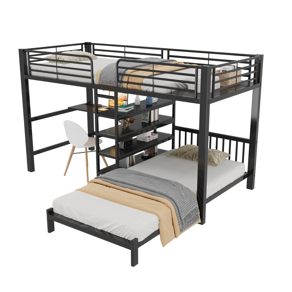 Letto a soppalco a due posti 90 x 200 cm con scrivania a L e ripiani; metallo e MDF nero per cameretta