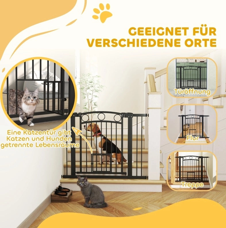 Cancelletto di sicurezza per animali 77 cm regolabile 76-104 cm nero con gattaiola