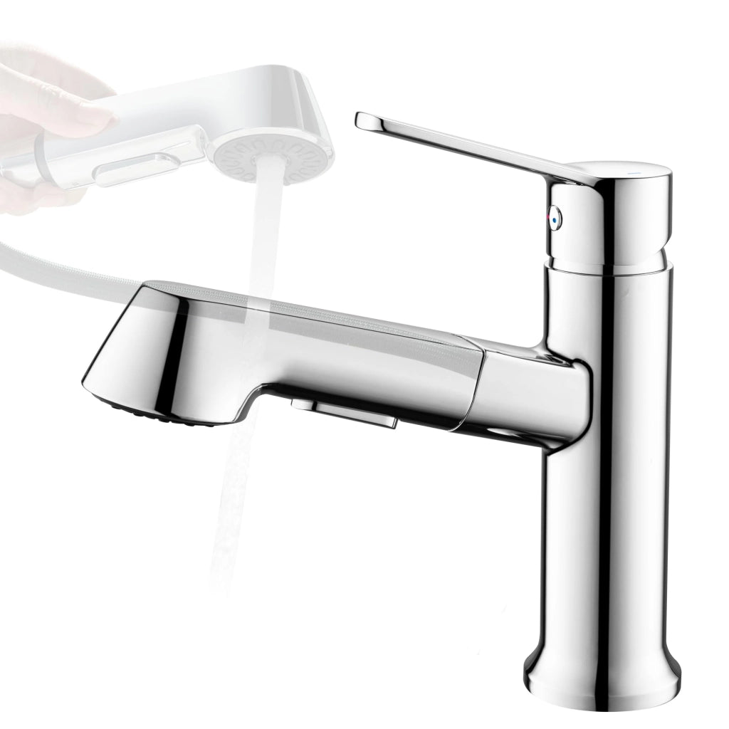 Miscelatore per lavabo con doccetta estraibile, 2 getti, finitura cromata