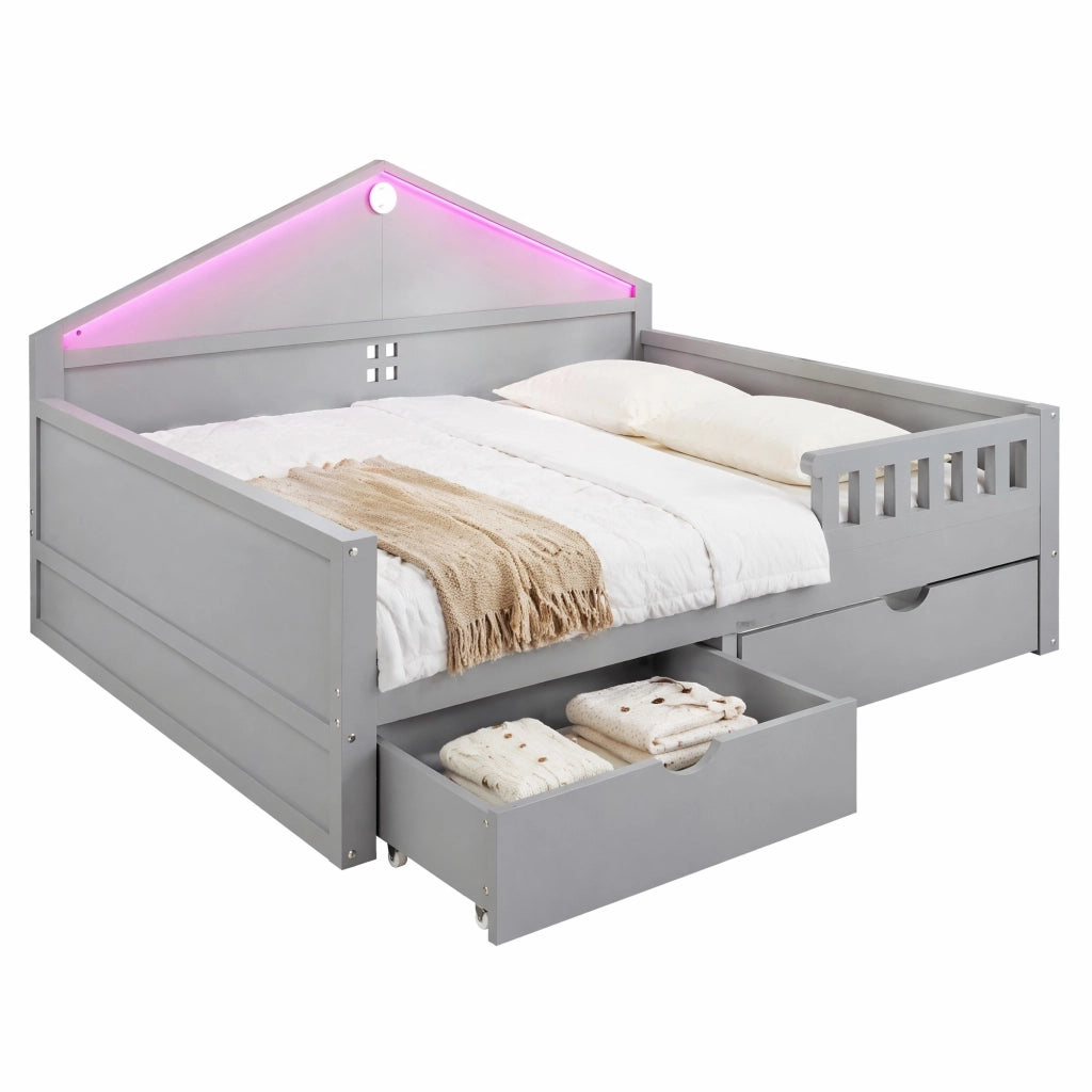 Letto singolo multifunzione 140 × 200 cm con cassetti luce LED legno e MDF grigio portata massima 150 kg