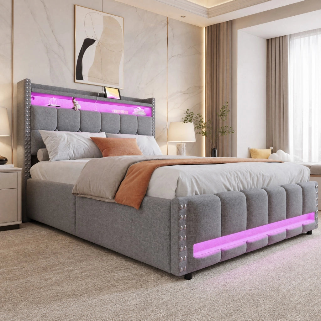 Letto imbottito 140 × 200 cm con contenitore idraulico; LED e presa USB; lino grigio chiaro