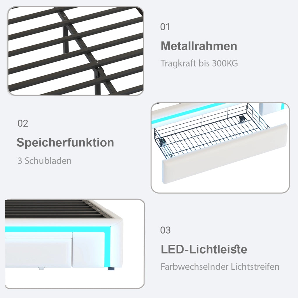 Letto singolo 90x200 cm con cassetti e luce LED RGB in PU; metallo e MDF; bianco