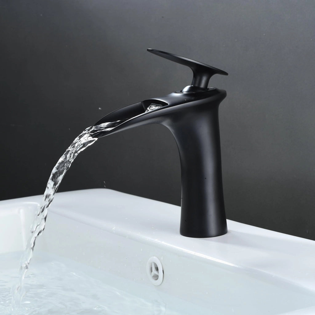 Miscelatore per lavabo a cascata, nero, in ottone, per acqua calda e fredda