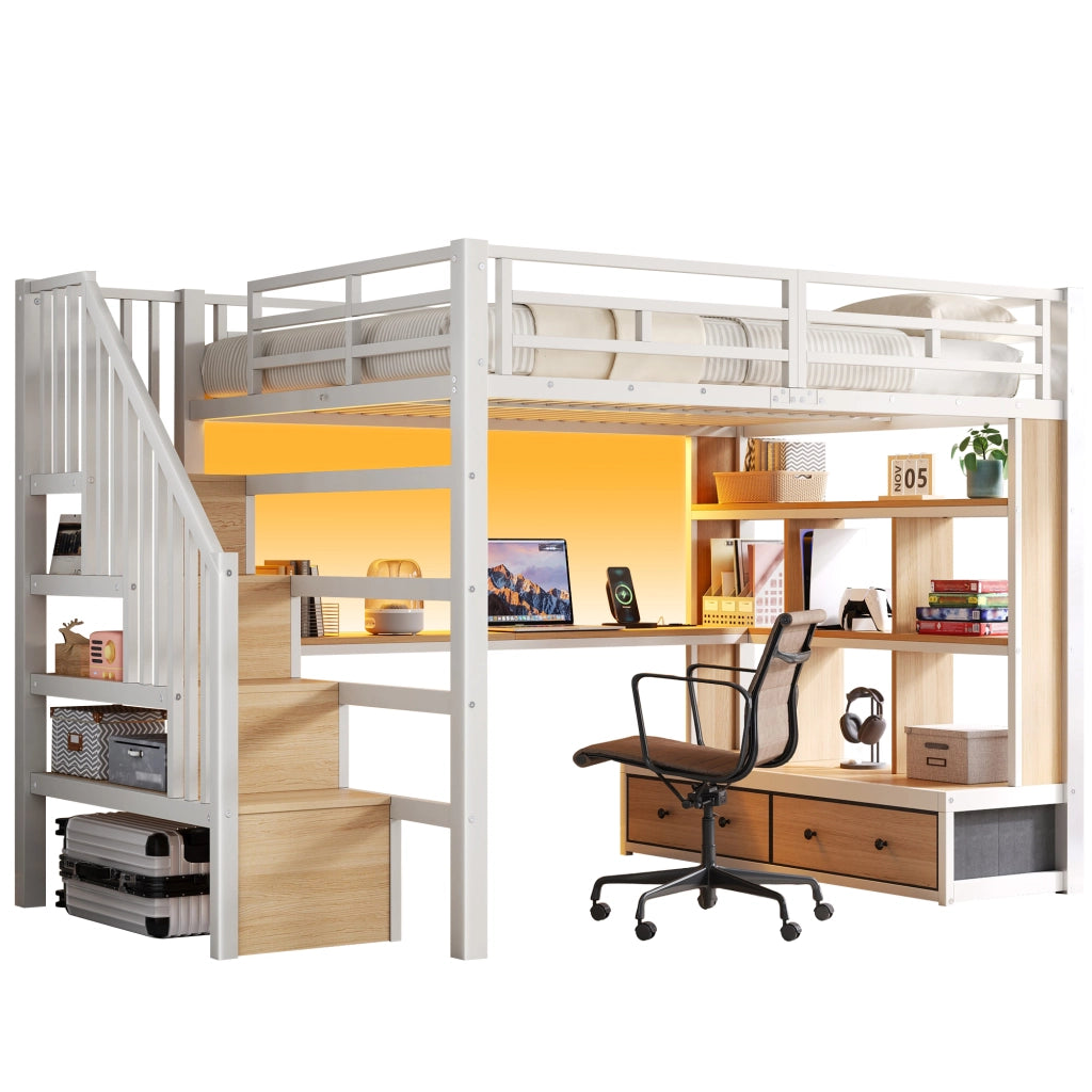 Letto a soppalco 140 × 200 cm con scrivania scaffali cassetti scala contenitore LED in MDF e metallo bianco