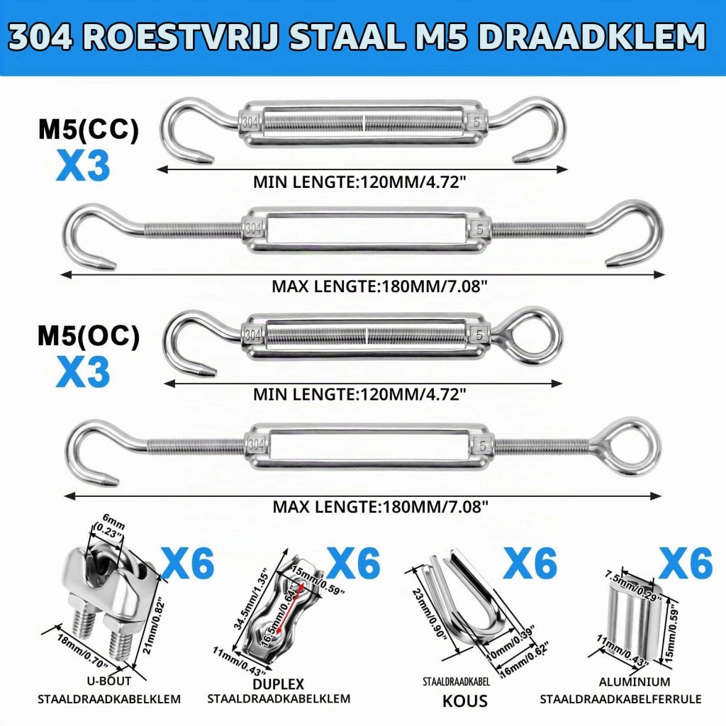 Set di morsetti a filo M5, 30 pezzi, acciaio inossidabile 304, regolabili