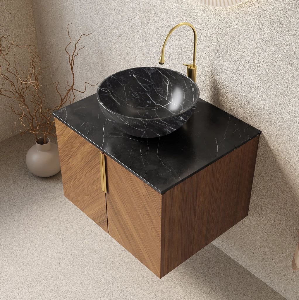Mobile bagno ULEVR con lavabo da appoggio in ceramica nera, piano in pietra sinterizzata e 2 ante con chiusura ammortizzata