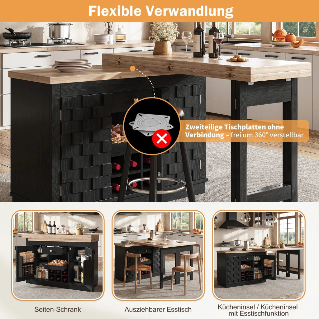 Isola da cucina girevole 120–197 × 40 × 74,2 cm con tavolo estraibile porte patchwork e portabottiglie nero