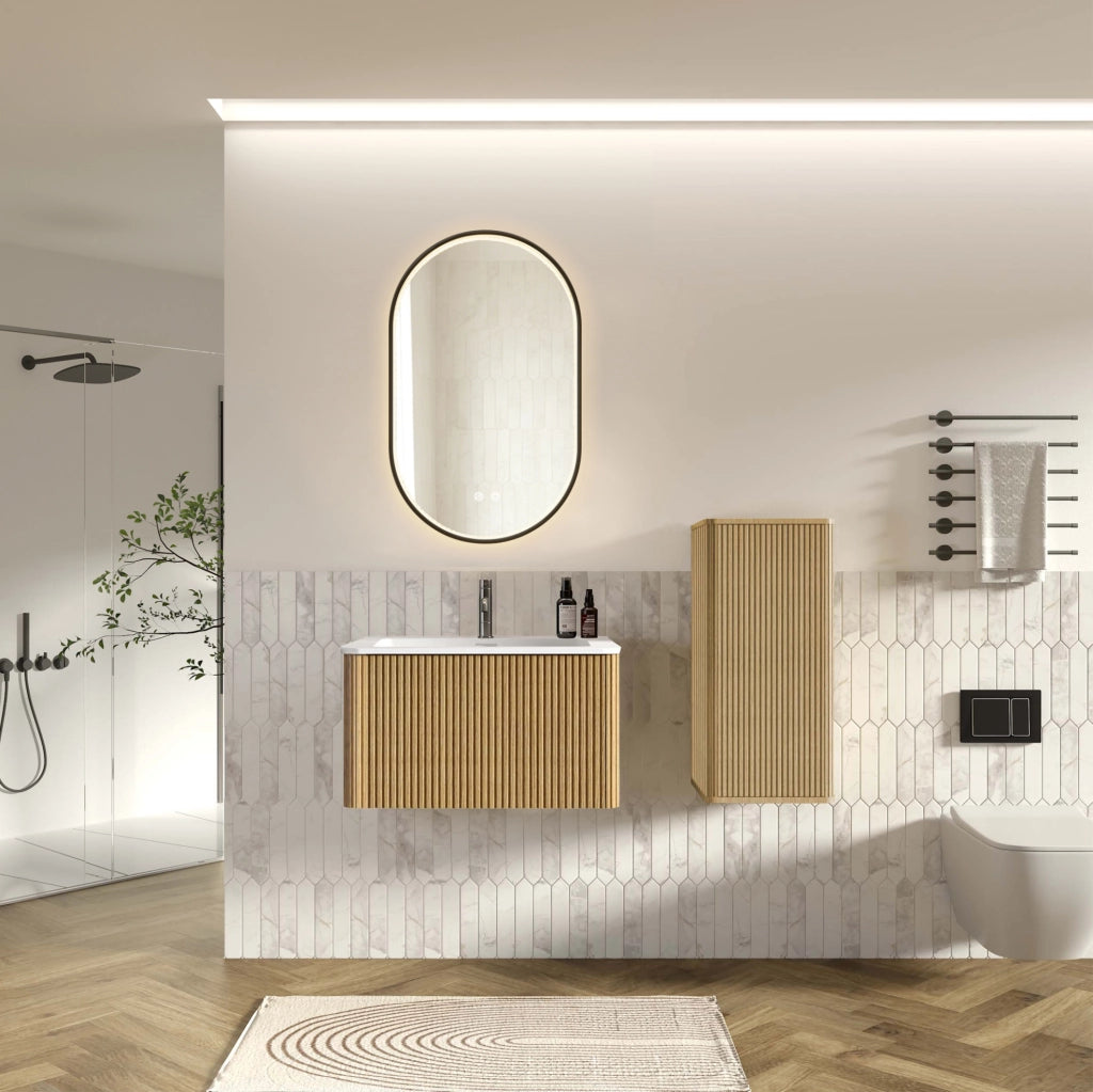 Mobile lavabo 80 cm con specchio LED e colonna, rovere bianco, stile moderno