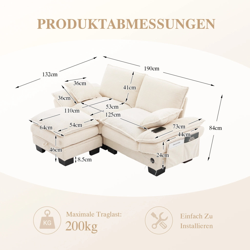 Divano 2 posti con pouf 190x132x84 cm con porta USB-C in velluto a coste beige
