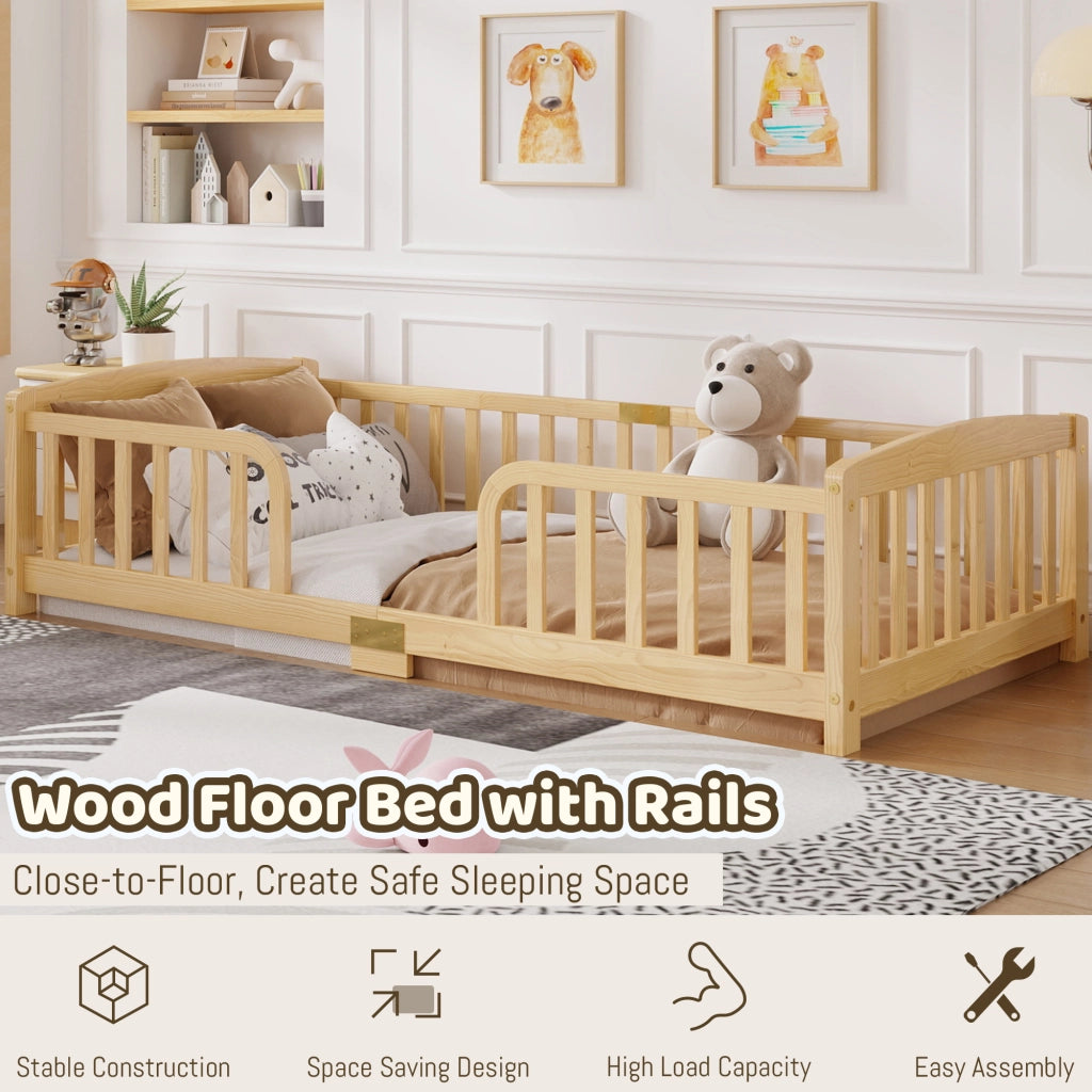 Letto per bambini a pavimento 90 × 200 cm in legno di pino naturale con sponde di sicurezza e ingresso centrale