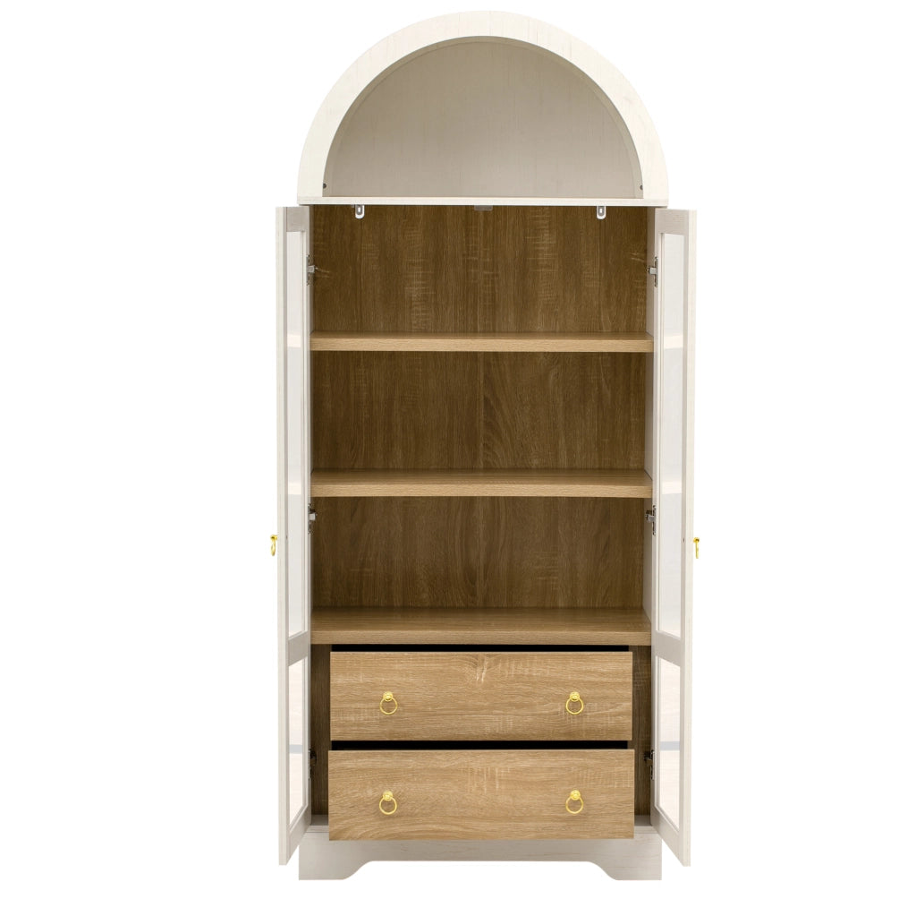 Credenza bianca con ante in vetro, ripiani regolabili e cassetti