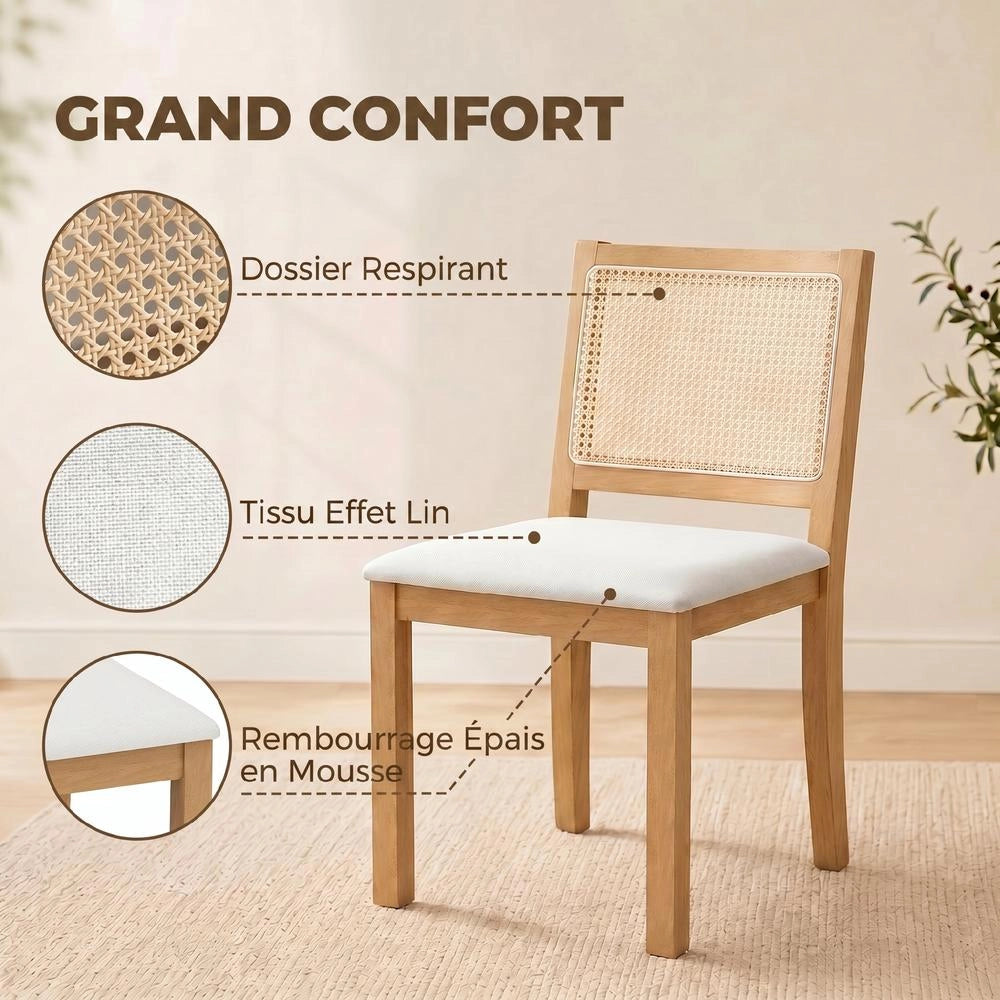Set di 2 Sedie da Pranzo con Schienale Effetto Rattan e Seduta Imbottita in Legno Rovere e Crema per Cucina e Salotto