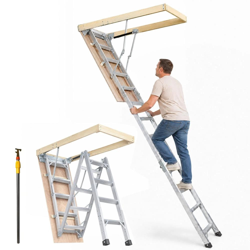 Scala per Soffitta Pieghevole A7 in Alluminio e Legno 12 Gradini Retrattile Regolabile per Attico e Casa Robusta Portata 158,8 kg