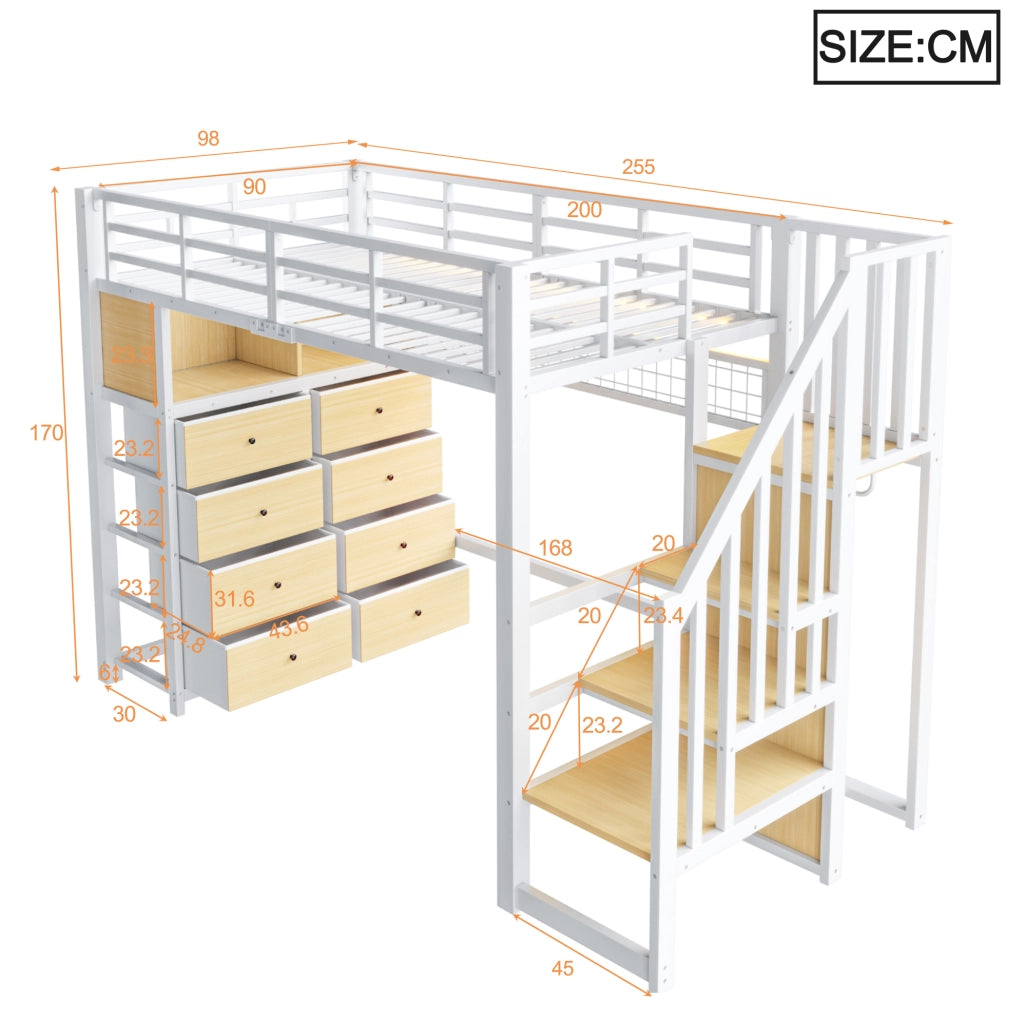 Letto a soppalco bianco 90 x 200 cm con 8 cassetti, scaffali e illuminazione