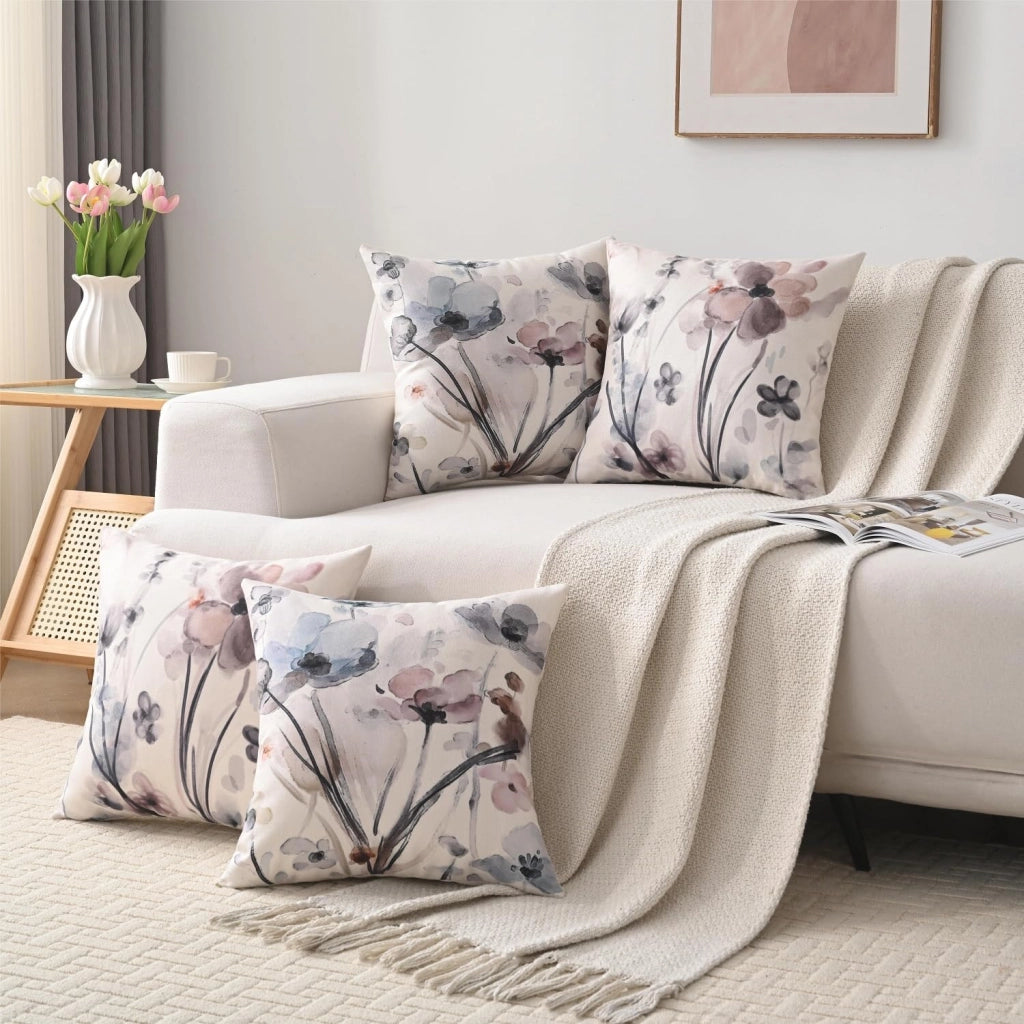 Coperte per cuscini 40x40 cm, set da 2, in lino, impermeabili, con motivo di fiori acquerellati
