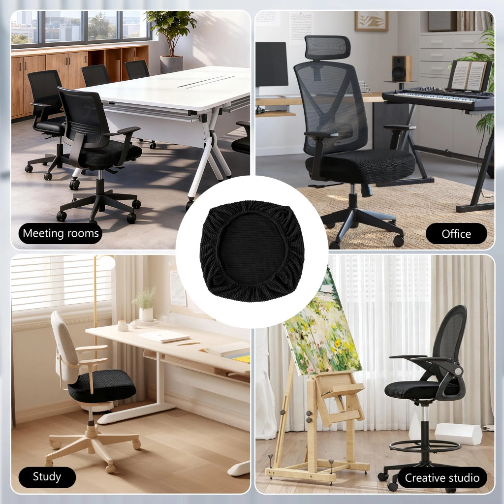 Set di 2 coprisedie da ufficio elasticizzati, neri, antiscivolo, con chiusura a strappo