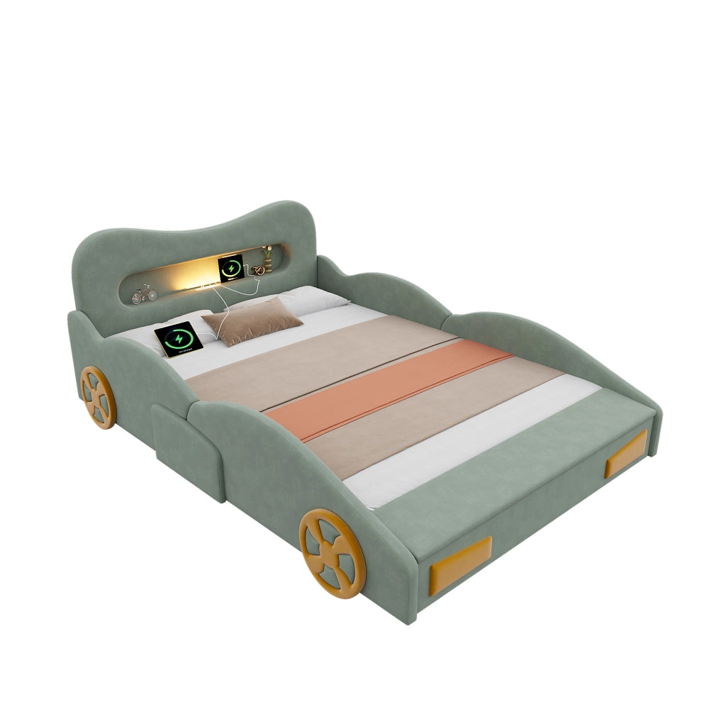 Letto A Forma Di Auto Per Bambini 140 X 200 Cm; Verde; Imbottito In Flanella Con Luce E Contenitore