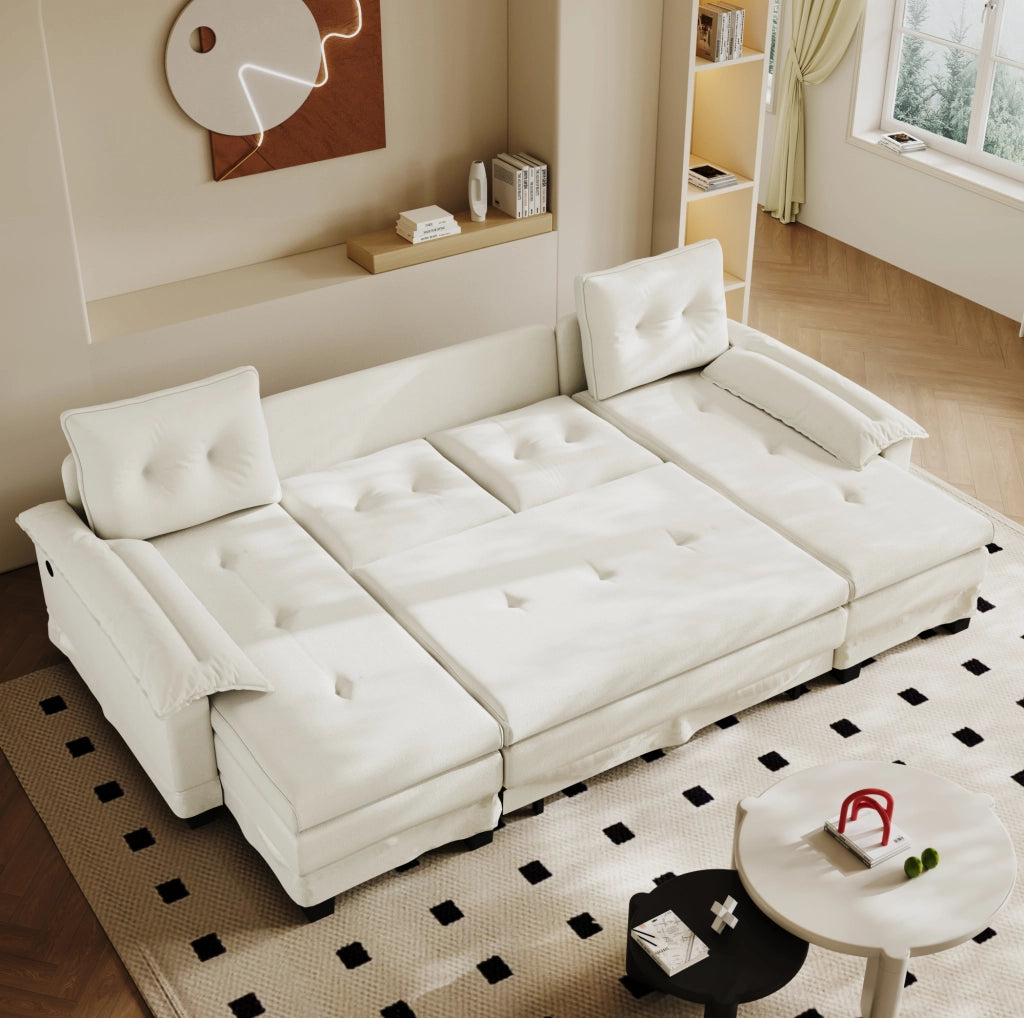 DIVANO LETTO Modulare a U 278x127x87 cm in ciniglia beige con USB
