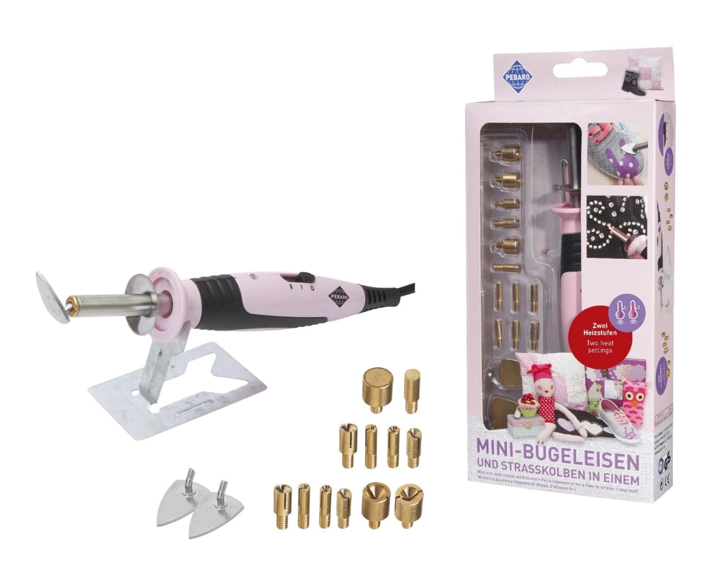 Mini ferro da stiro e colla per strass, 14 accessori, per tessuti e strass