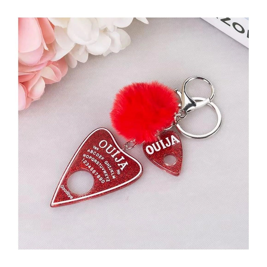Portachiavi a forma di goccia rossa con scritta "Ouija", dimensioni 12 x 4 cm, realizzato in acciaio inossidabile