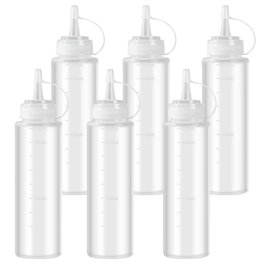 Set di bottiglie a spremi, 6 pezzi, capacità 240 ml, in plastica trasparente, con tappo