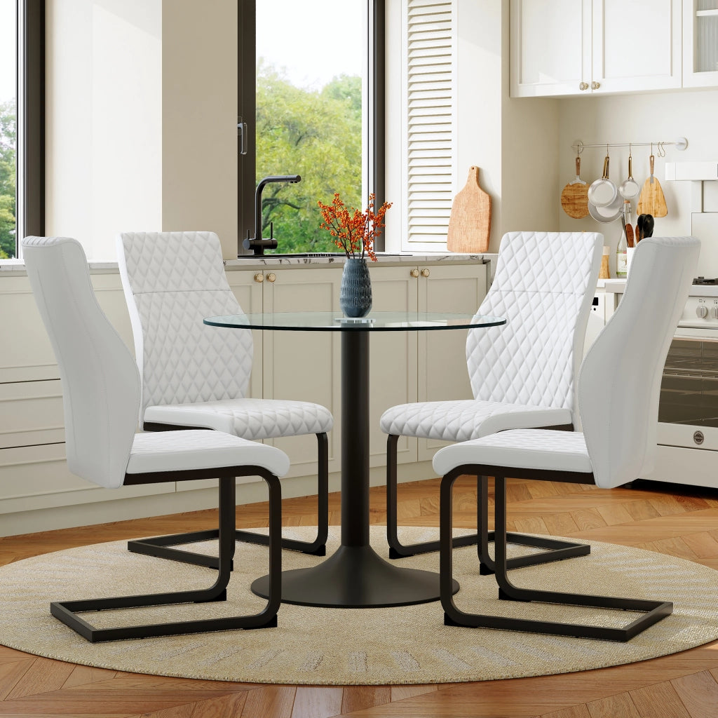 Set tavolo da pranzo rotondo con 4 sedie in ecopelle bianca tavolo in vetro temperato da 85 cm e base in metallo nero