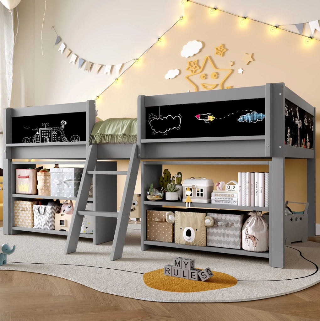 Letto rialzato per bambini 90x200 cm con ripiani; scala e lavagna in pino e MDF; grigio