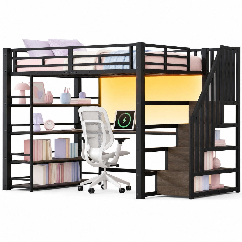 Letto a soppalco in metallo 140x200 cm con scrivania integrata, scala contenitore, luce LED e porta USB, nero