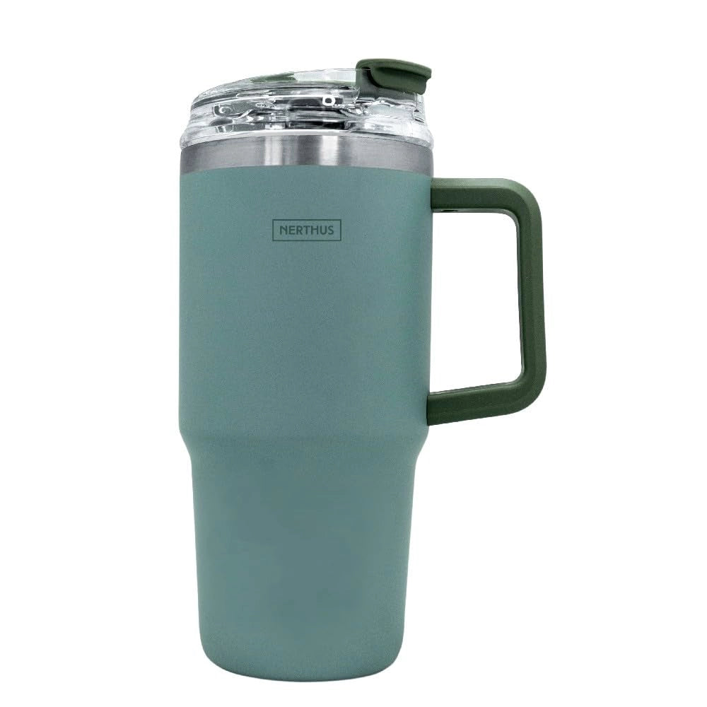 Tazza termica da 600 ml, verde, a doppia parete, con coperchio e cannuccia