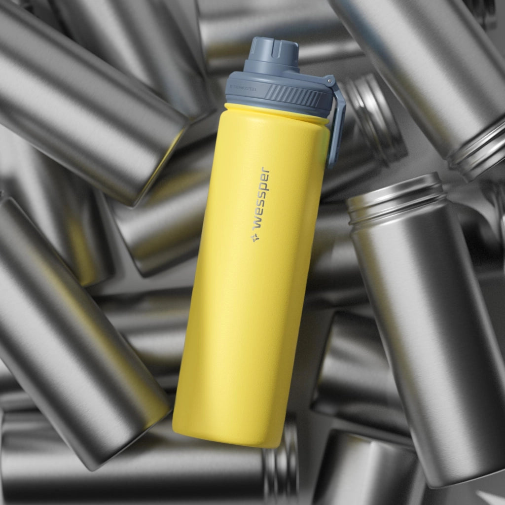 Borraccia termica da 700 ml, in acciaio inossidabile, con tre tappi, colore giallo