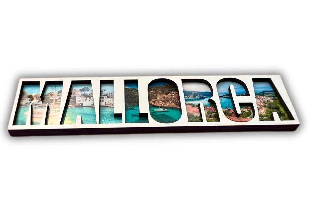Magnete per frigorifero in legno con motivo di Mallorca, dimensioni 15 x 4 x 0,4 cm