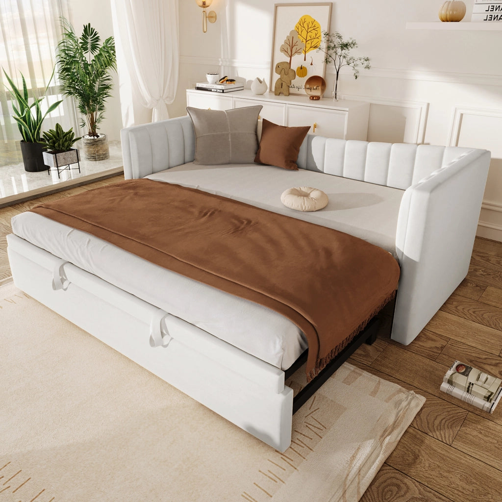 Letto singolo imbottito con letto estraibile regolabile in velluto bianco senza materasso