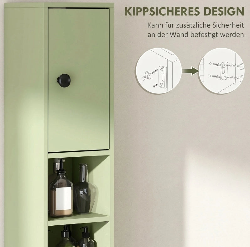 Colonna bagno sottile verde con cassetto e 4 ripiani aperti, 180 x 20 x 20 cm