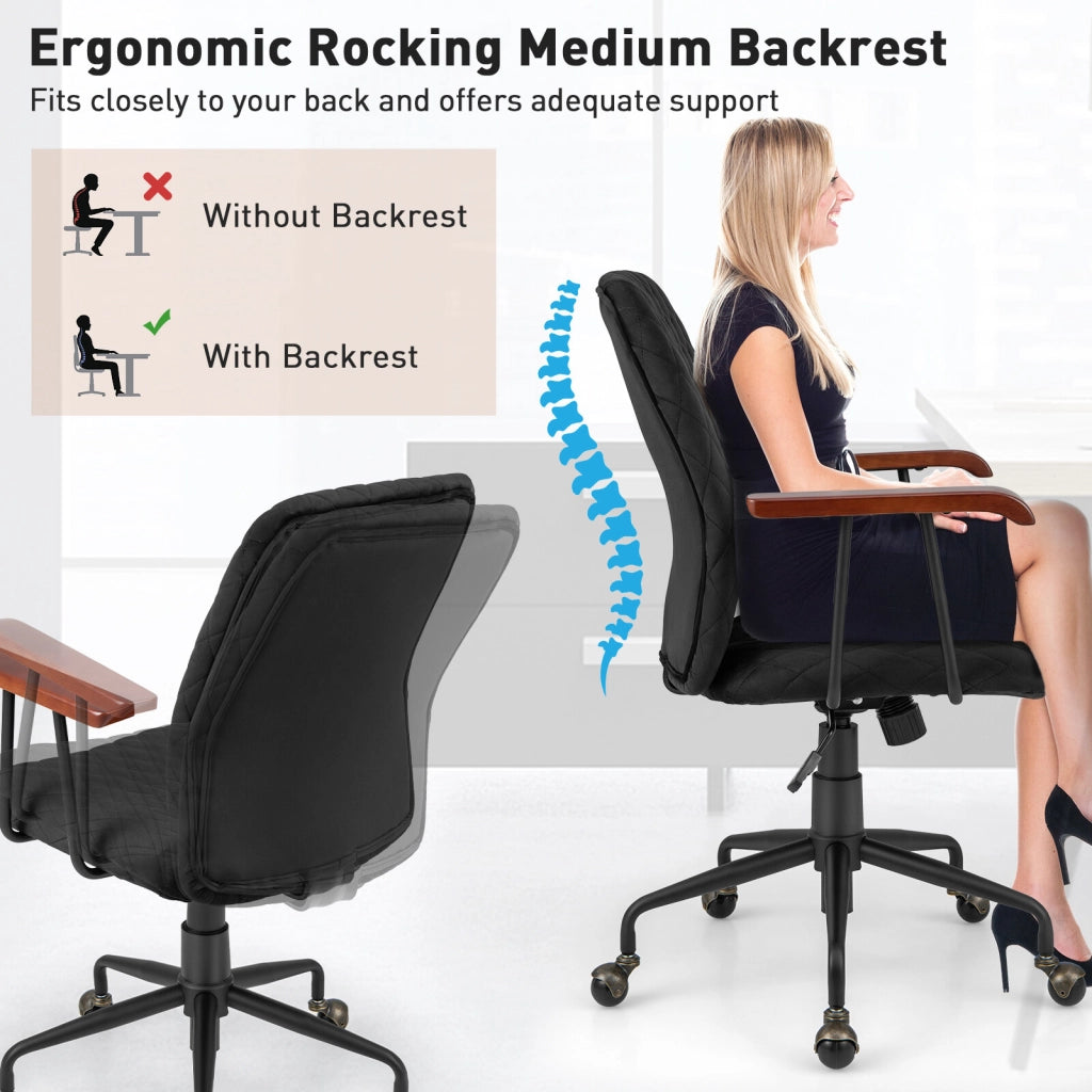 Sedia da Scrivania Ergonomica in Velluto Nero con Braccioli in Legno e Ruote Sedia da Ufficio Girevole Regolabile per Casa e Studio