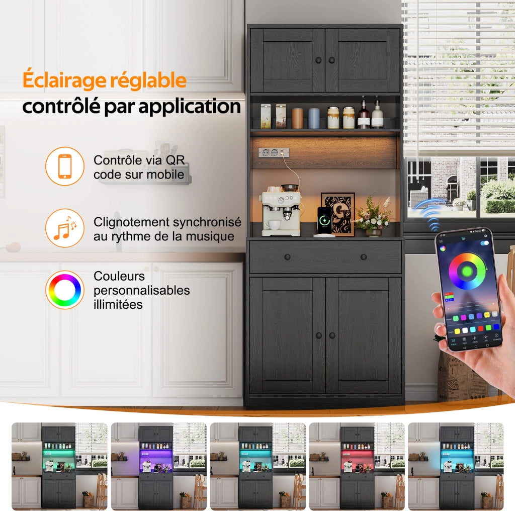Mobile da cucina 72 × 40 × 180 cm con LED RGB prese AC e USB cassetto grande ripiani MDF nero fissaggio a parete
