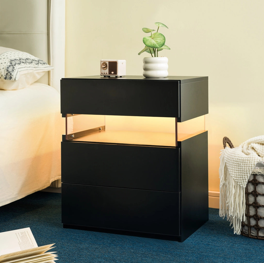 Comodino LED con 3 Cassetti e Pannello Acrilico Nero per Camera da Letto e Soggiorno