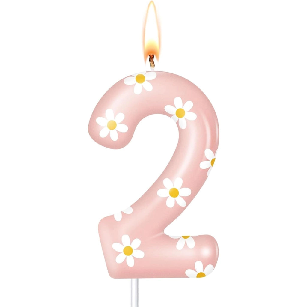 Candeline per torta a forma di margherite, numero 2, rosa, 8,5 cm, in paraffina