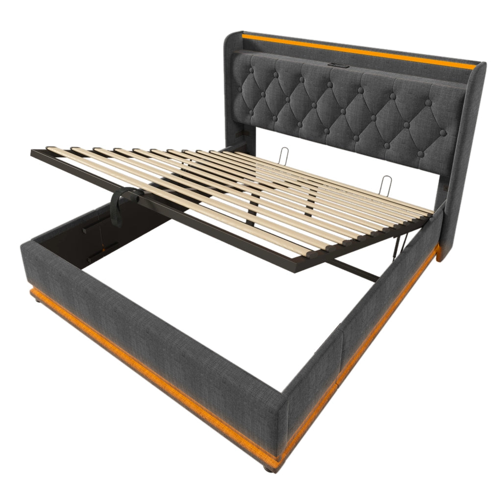 Letto Contenitore 160 x 200 cm - Testiera Imbottita, LED, USB e Type-C - Grigio