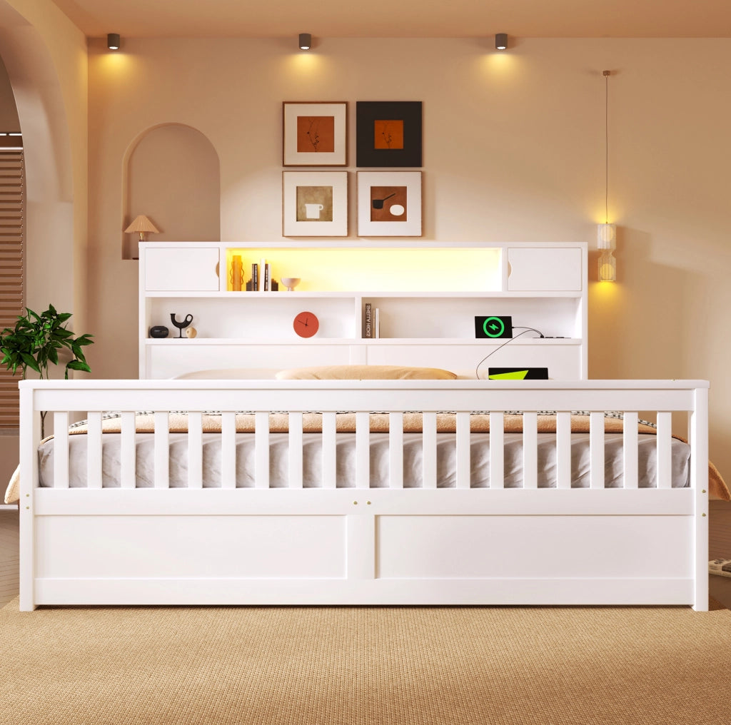 Letto 180 × 200 cm con testiera libreria LED e 4 cassetti; MDF e compensato; bianco