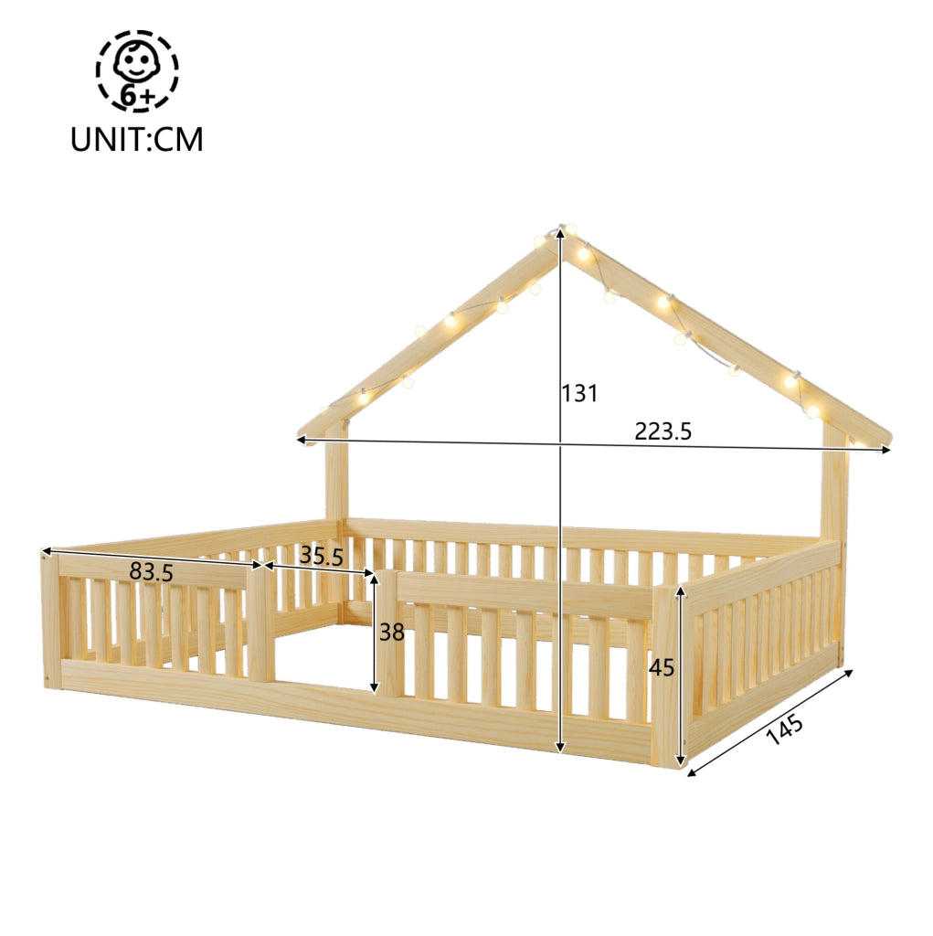 Letto per bambini a forma di casetta 140x200 cm in legno naturale con protezione anti-caduta e illuminazione LED