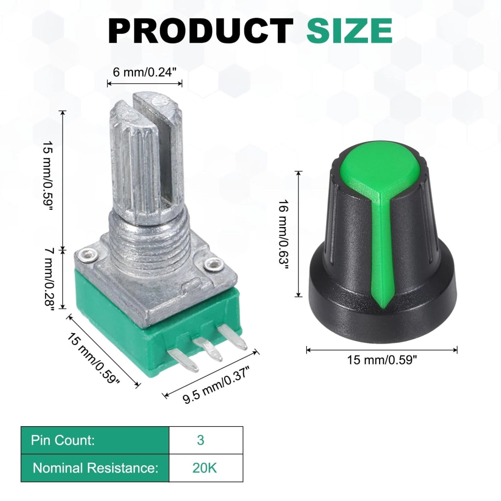 10 potentiometri lineari da 20K, con manopole rotative, dadi, colore nero/verde
