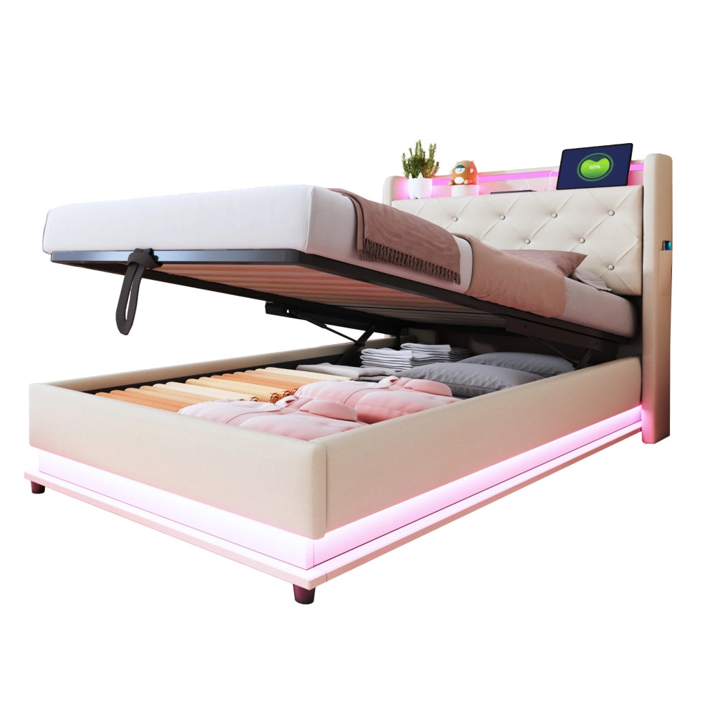 Letto imbottito 90x200 beige con LED, USB, vano contenitore e materasso