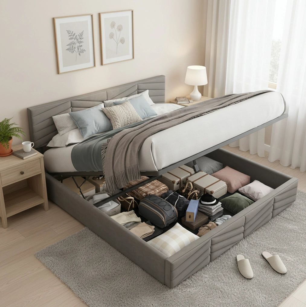 Letto matrimoniale imbottito 140x200 cm in velluto grigio con testiera regolabile e contenitore idraulico