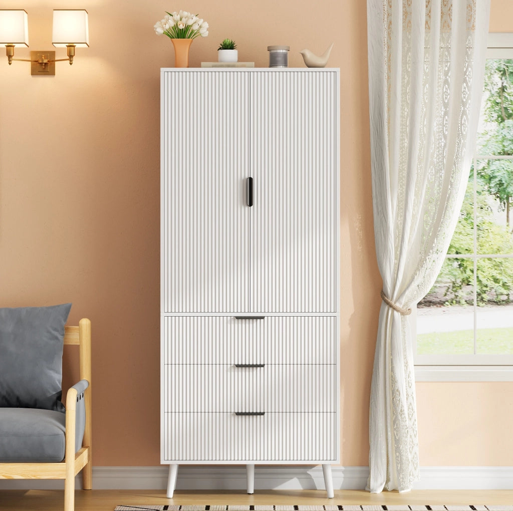 Armadio alto bianco con 2 ante e 3 cassetti, 75 × 35 × 180 cm