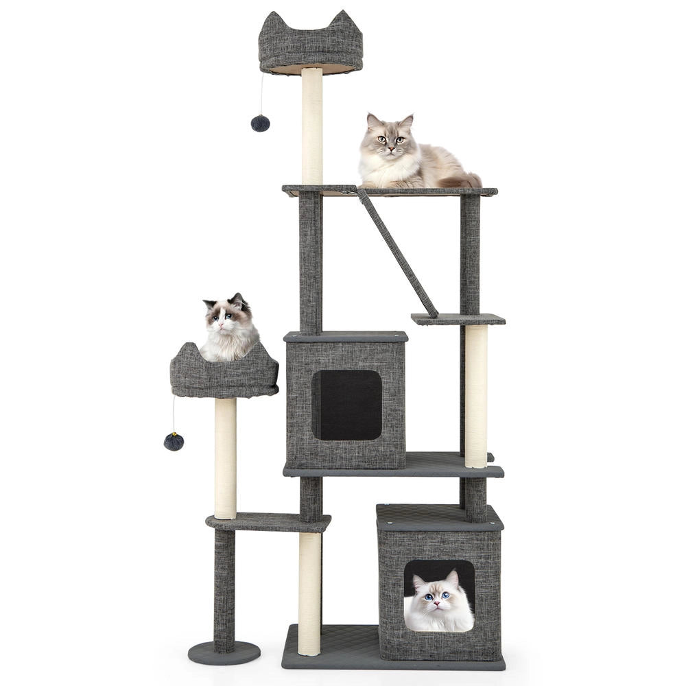 Albero Tiragraffi per Gatti Multilivello Grigio 71 Inch con Tronchetti in Sisal e Casette Robusto e Stabile