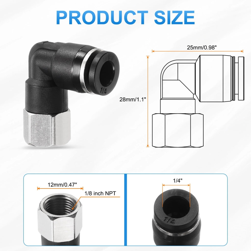 Set di 5 raccordi angolari a 90° per pneumatici, con attacco 1/4" e 1/8" NPT, colore nero