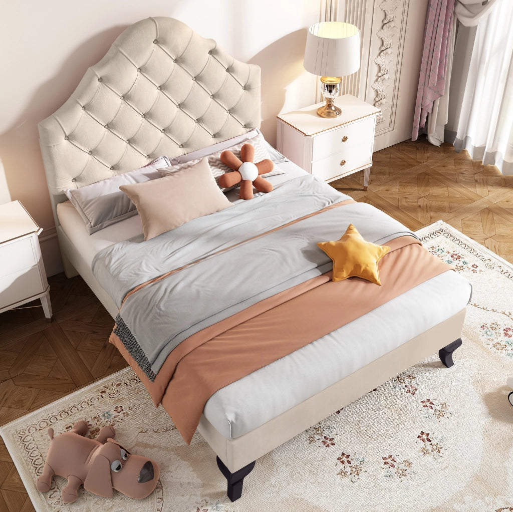 Letto singolo imbottito 90x200 cm con testata regolabile in altezza, rete a doghe in legno, velluto beige