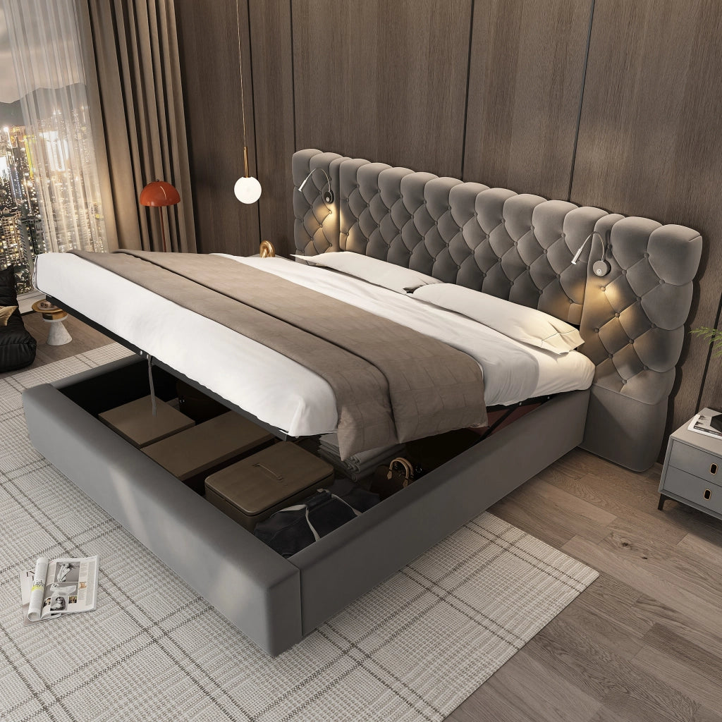 Letto contenitore 160 ¡Á 200 cm con due comodini rete a doghe in legno rivestito in lino grigio e nero