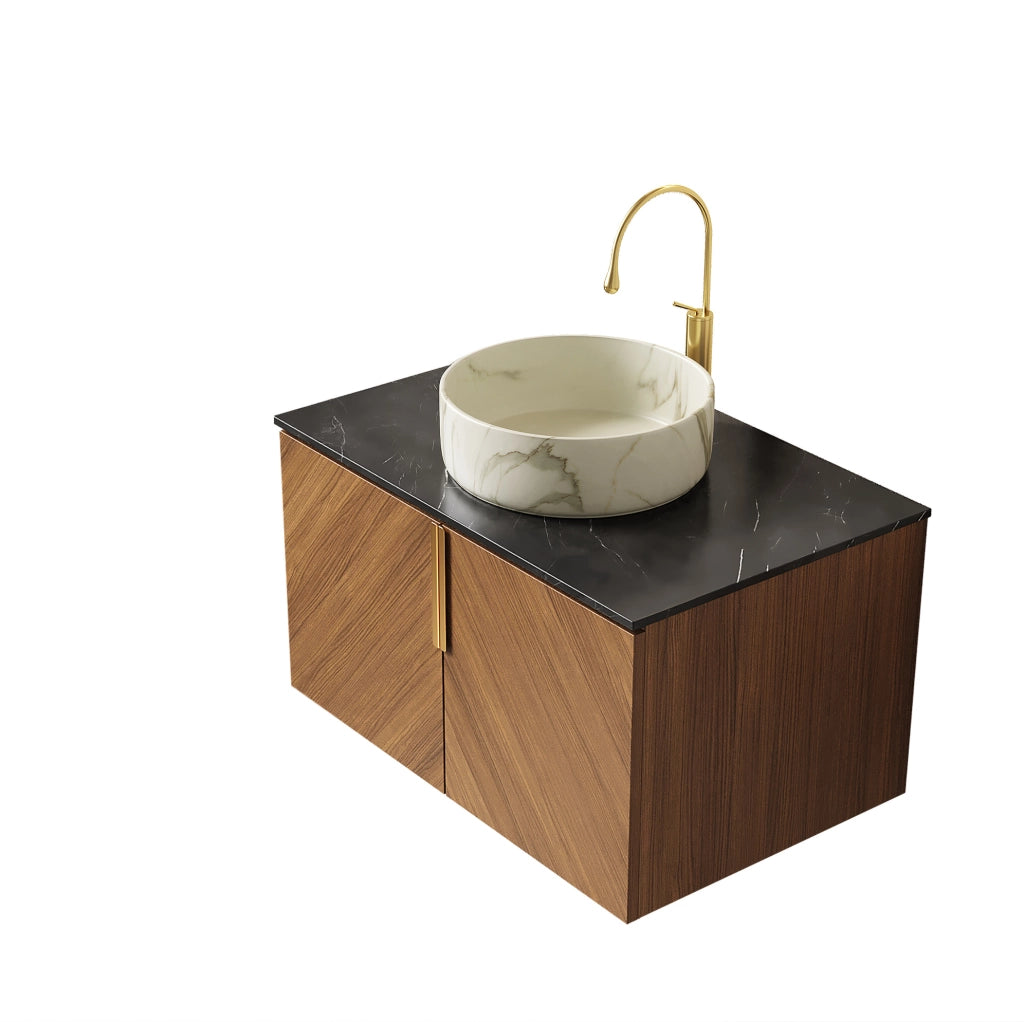 Mobile bagno sospeso 76 cm con lavabo in ceramica rotondo bianco effetto pietra e piano in pietra sinterizzata nera, armadietto in compensato con finitura rovere marrone